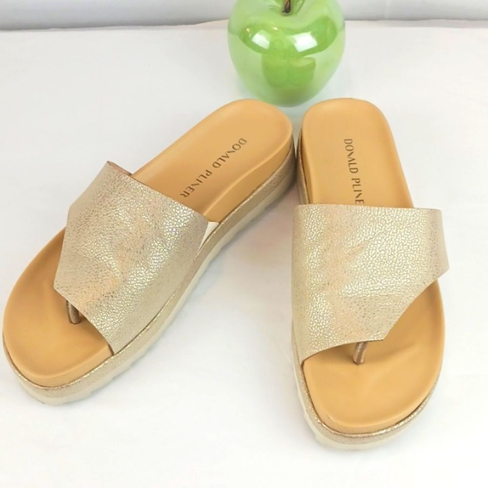 Donald Pliner metallic gold leather platform slides
